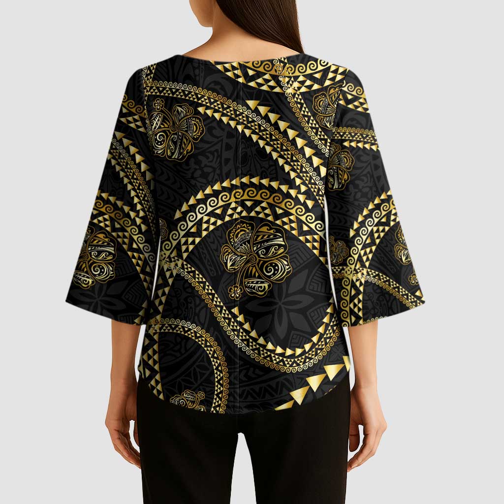 Hawaiian Kakau Art and Hisbiscus Tattoo Kimono Sleeve Blouse Tribal Pattern-Gold Style - Polynesian Pride