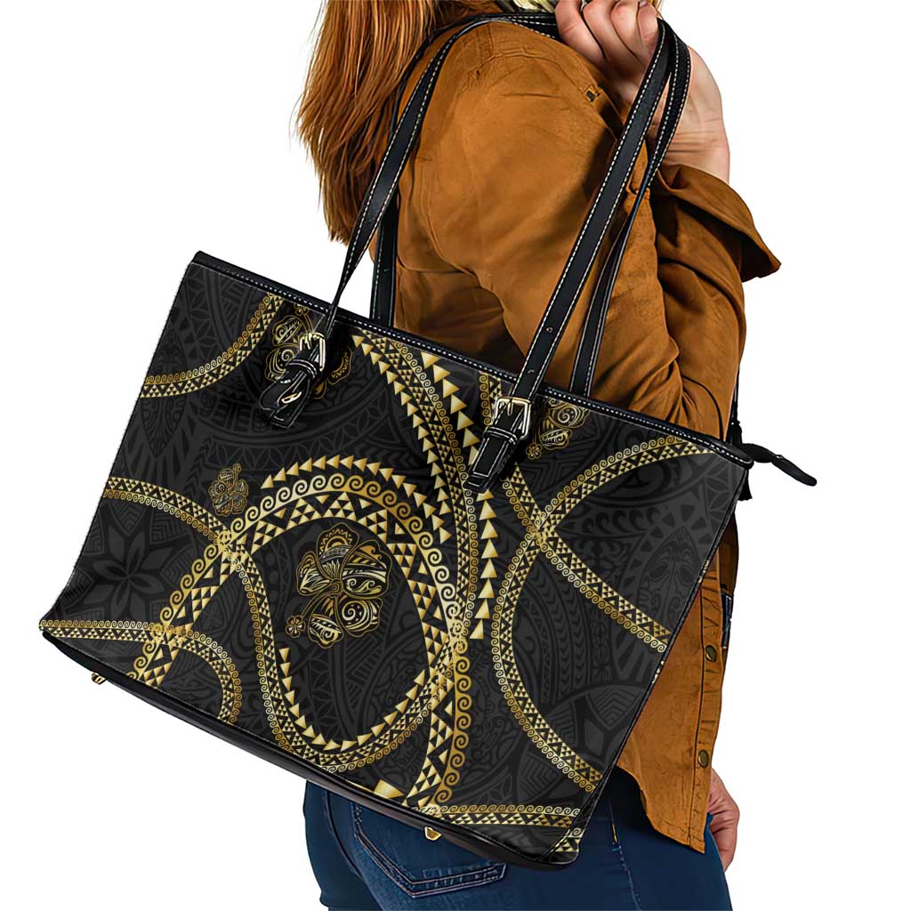Hawaiian Kakau Art and Hisbiscus Tattoo Leather Tote Bag Tribal Pattern-Gold Style - Polynesian Pride
