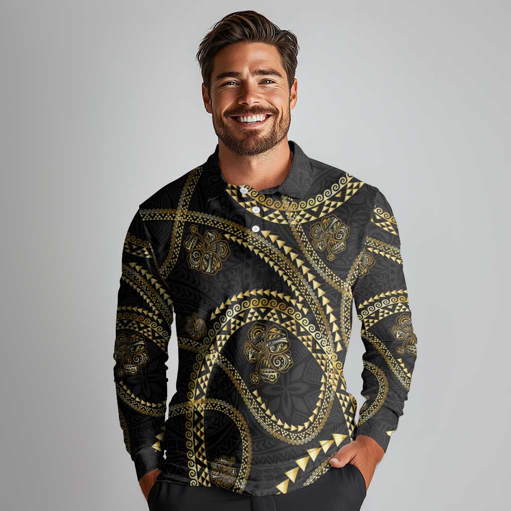 Hawaiian Kakau Art and Hisbiscus Tattoo Long Sleeve Polo Shirt Tribal Pattern-Gold Style - Polynesian Pride