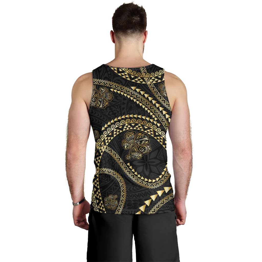 Hawaiian Kakau Art and Hisbiscus Tattoo Men Tank Top Tribal Pattern-Gold Style - Polynesian Pride