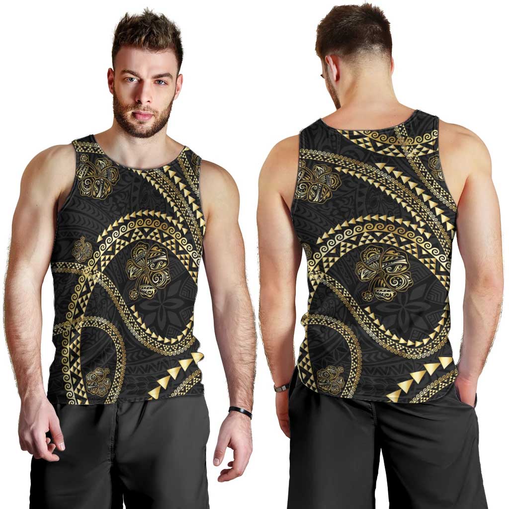 Hawaiian Kakau Art and Hisbiscus Tattoo Men Tank Top Tribal Pattern-Gold Style - Polynesian Pride