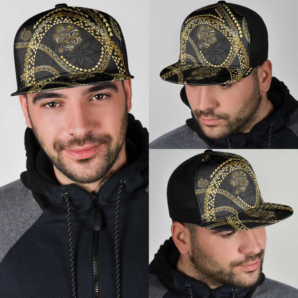 Hawaiian Kakau Art and Hisbiscus Tattoo Mesh Trucker Cap Tribal Pattern-Gold Style - Polynesian Pride