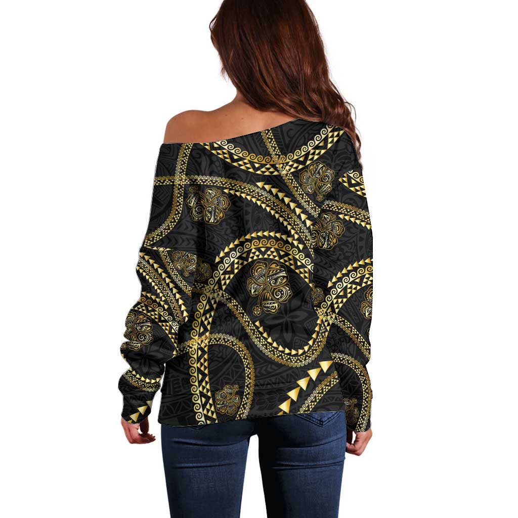 Hawaiian Kakau Art and Hisbiscus Tattoo Off Shoulder Sweater Tribal Pattern-Gold Style - Polynesian Pride