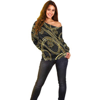 Hawaiian Kakau Art and Hisbiscus Tattoo Off Shoulder Sweater Tribal Pattern-Gold Style - Polynesian Pride