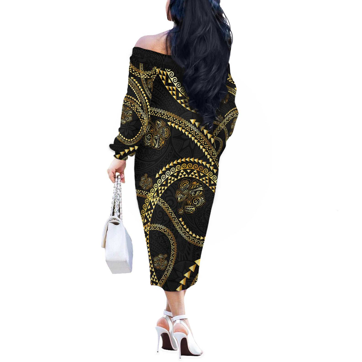 Hawaiian Kakau Art and Hisbiscus Tattoo Off The Shoulder Long Sleeve Dress Tribal Pattern-Gold Style - Polynesian Pride