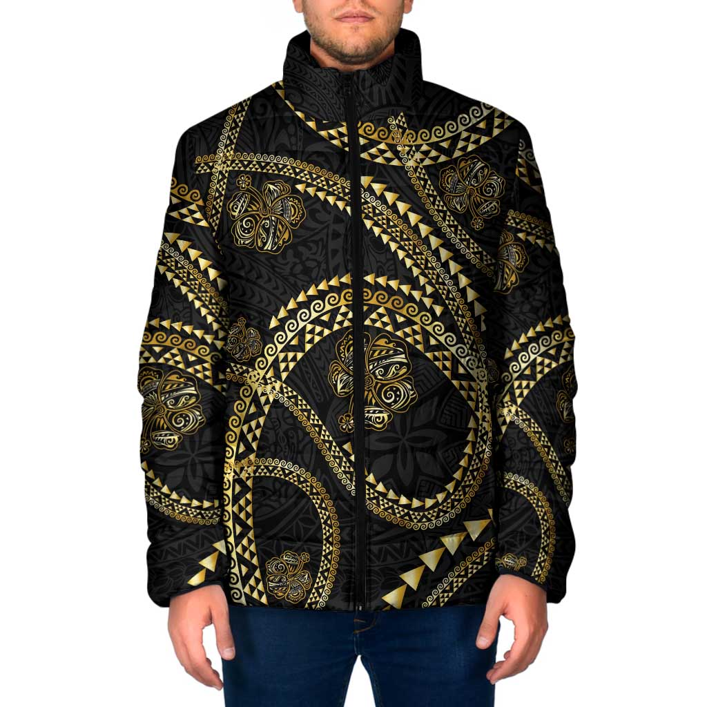 Hawaiian Kakau Art and Hisbiscus Tattoo Padded Jacket Tribal Pattern-Gold Style LT03 Men Black - Polynesian Pride