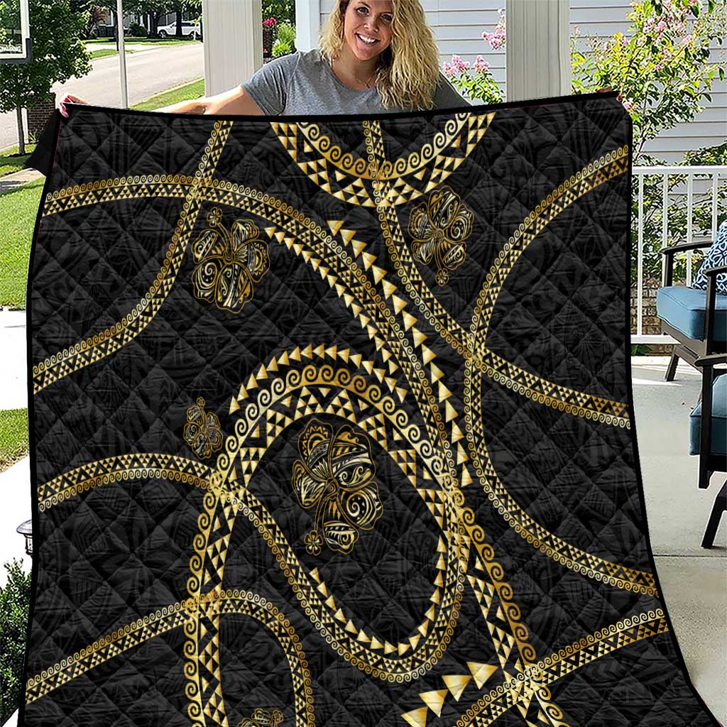 Hawaiian Kakau Art and Hisbiscus Tattoo Quilt Tribal Pattern-Gold Style - Polynesian Pride
