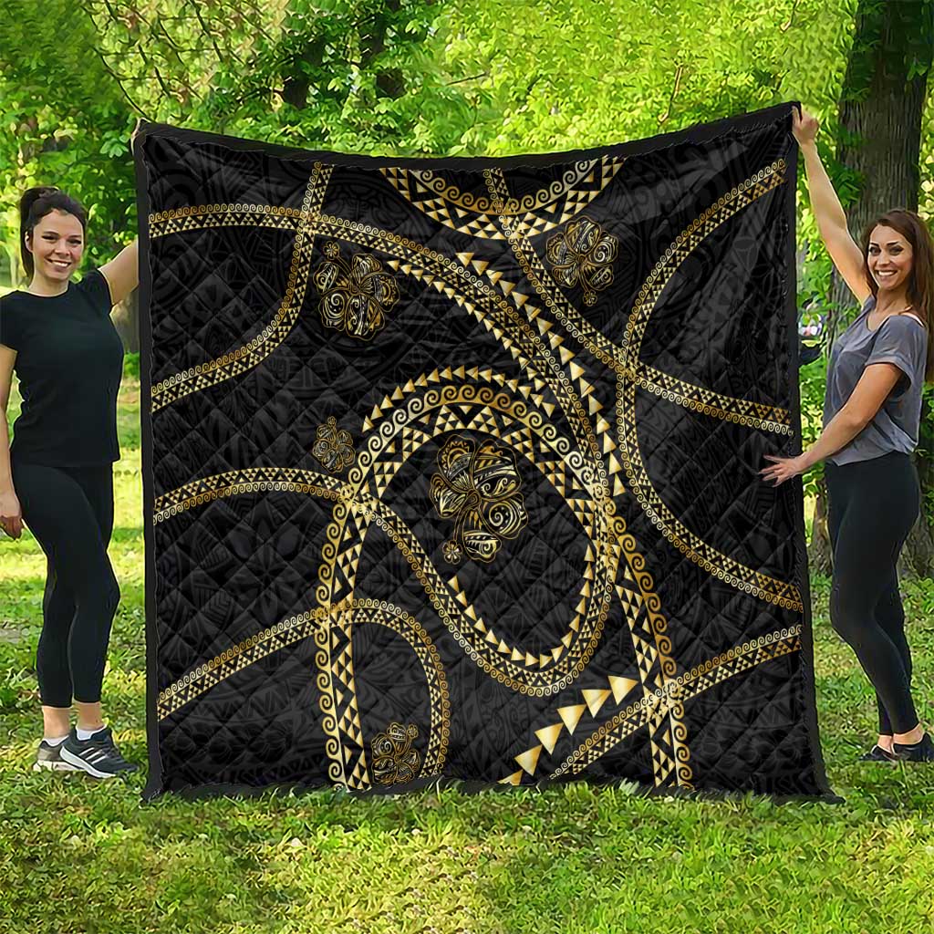 Hawaiian Kakau Art and Hisbiscus Tattoo Quilt Tribal Pattern-Gold Style - Polynesian Pride