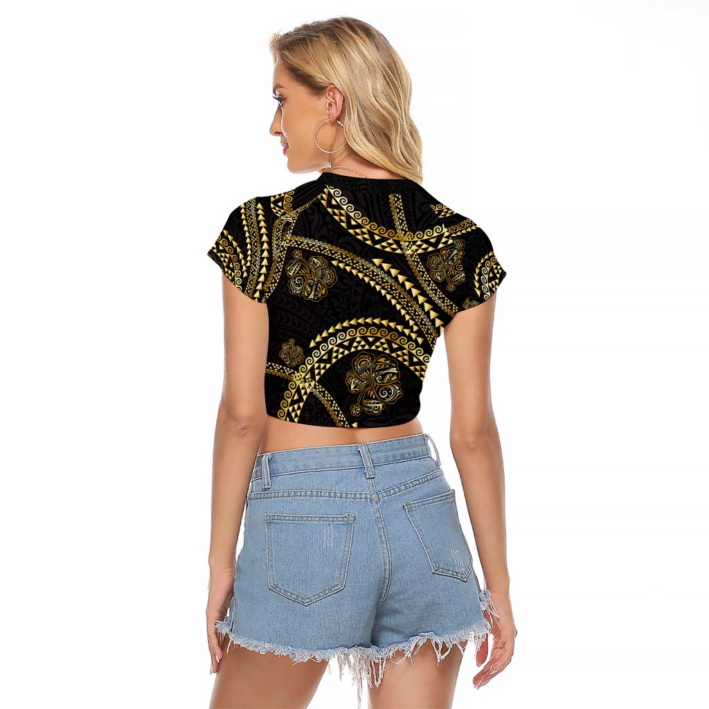 Hawaiian Kakau Art and Hisbiscus Tattoo Raglan Cropped T Shirt Tribal Pattern-Gold Style - Polynesian Pride