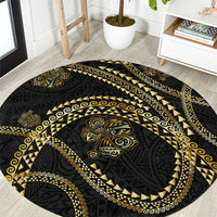 Hawaiian Kakau Art and Hisbiscus Tattoo Round Carpet Tribal Pattern-Gold Style - Polynesian Pride