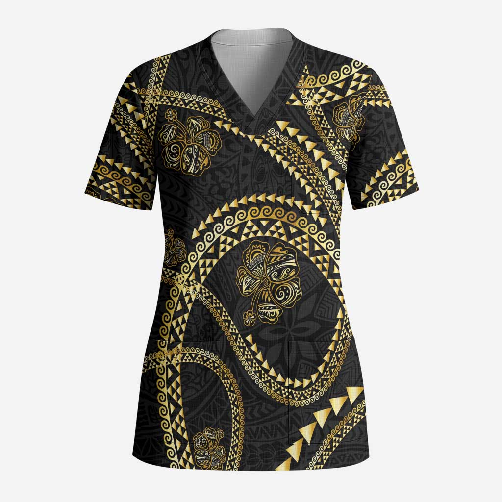 Hawaiian Kakau Art and Hisbiscus Tattoo Scrub Top Tribal Pattern-Gold Style - Polynesian Pride
