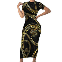 Hawaiian Kakau Art and Hisbiscus Tattoo Short Sleeve Bodycon Dress Tribal Pattern-Gold Style - Polynesian Pride