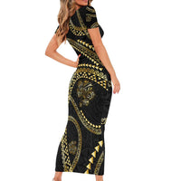 Hawaiian Kakau Art and Hisbiscus Tattoo Short Sleeve Bodycon Dress Tribal Pattern-Gold Style - Polynesian Pride
