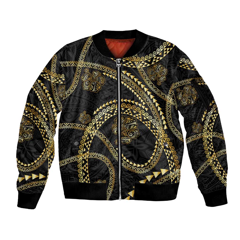 Hawaiian Kakau Art and Hisbiscus Tattoo Sleeve Zip Bomber Jacket Tribal Pattern-Gold Style - Polynesian Pride