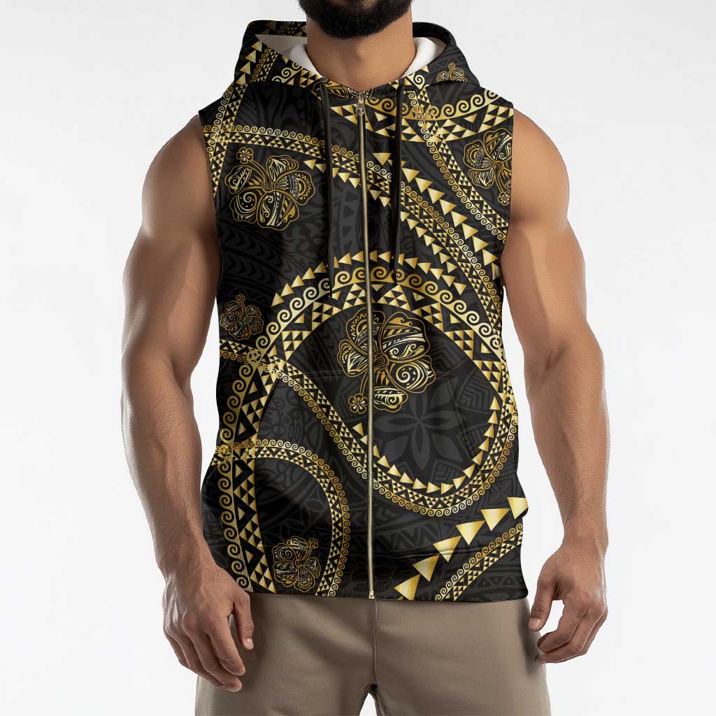 Hawaiian Kakau Art and Hisbiscus Tattoo Sleeveless Zip Hoodie Tribal Pattern-Gold Style - Polynesian Pride