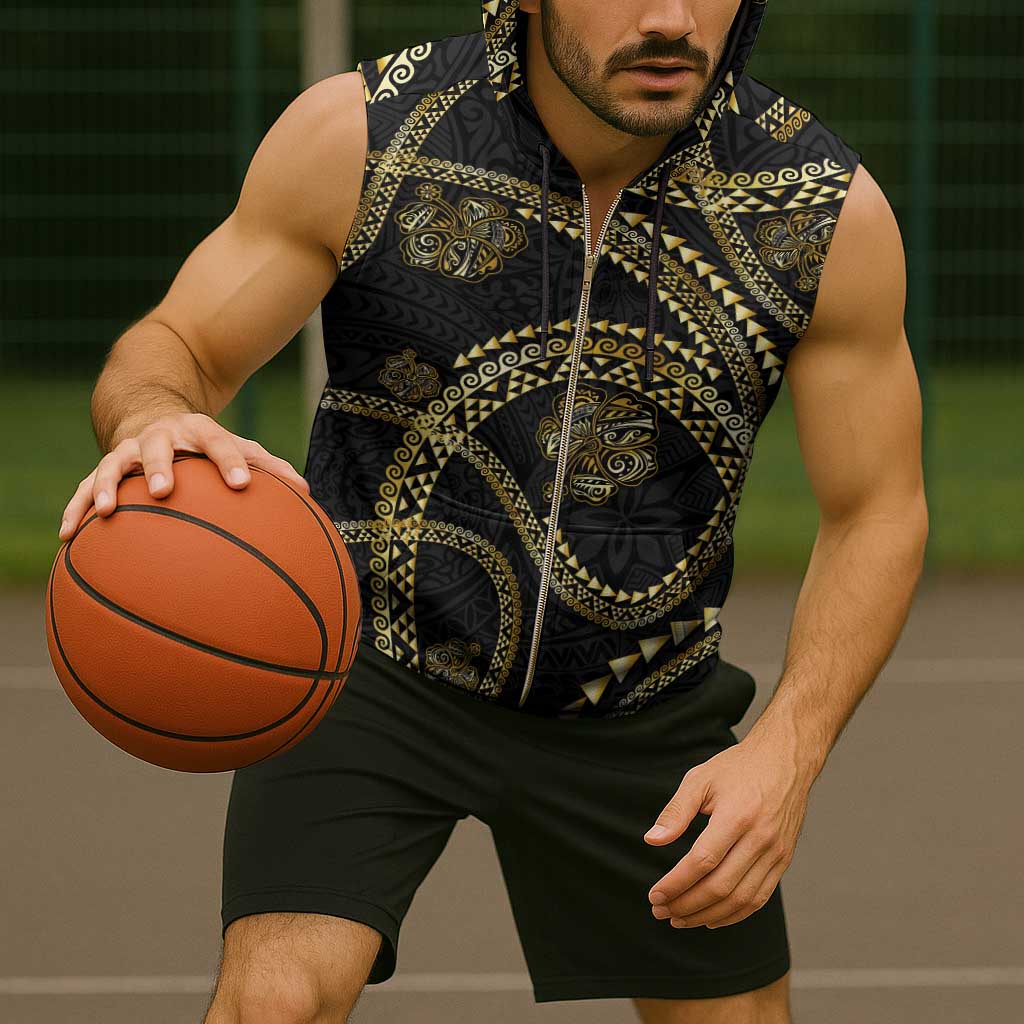 Hawaiian Kakau Art and Hisbiscus Tattoo Sleeveless Zip Hoodie Tribal Pattern-Gold Style - Polynesian Pride