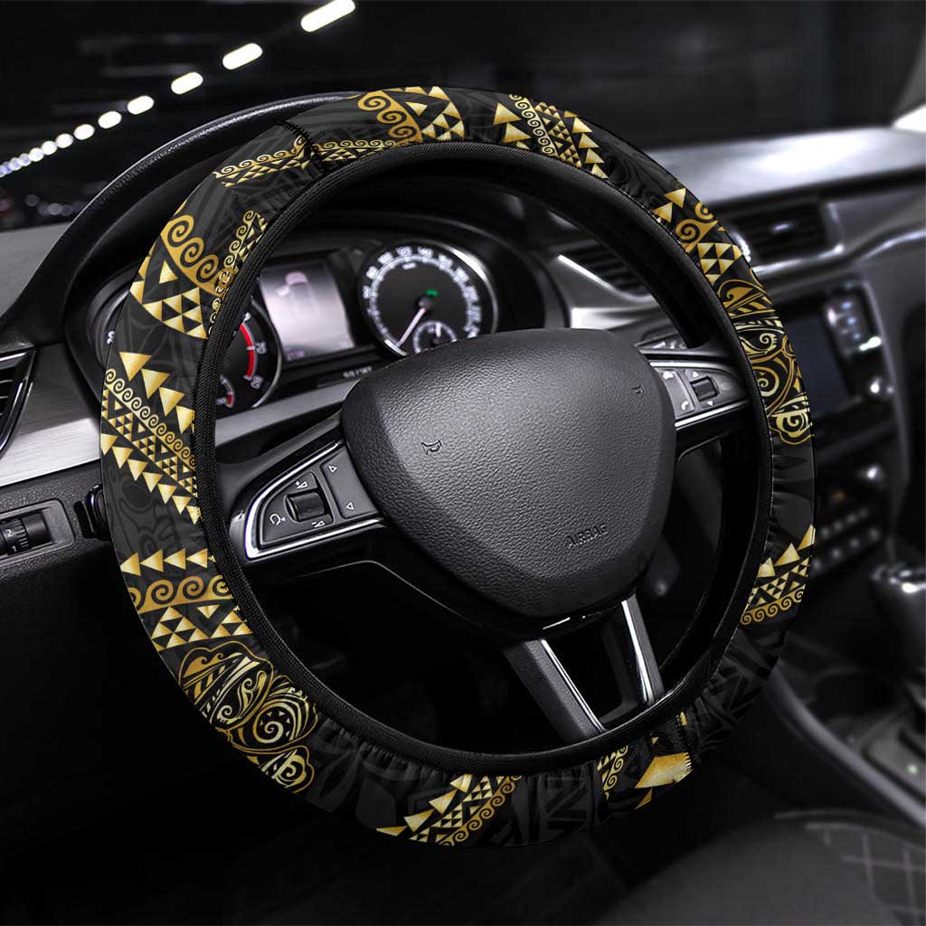 Hawaiian Kakau Art and Hisbiscus Tattoo Steering Wheel Cover Tribal Pattern-Gold Style - Polynesian Pride