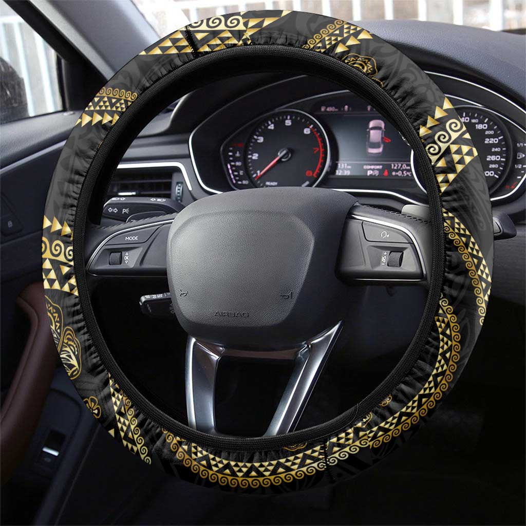 Hawaiian Kakau Art and Hisbiscus Tattoo Steering Wheel Cover Tribal Pattern-Gold Style - Polynesian Pride