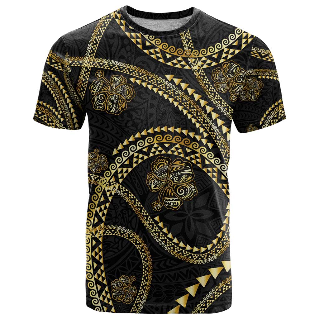 Hawaiian Kakau Art and Hisbiscus Tattoo T Shirt Tribal Pattern-Gold Style - Polynesian Pride