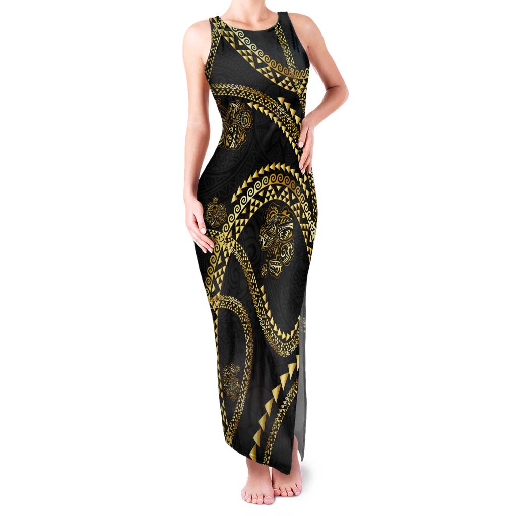 Hawaiian Kakau Art and Hisbiscus Tattoo Tank Maxi Dress Tribal Pattern-Gold Style - Polynesian Pride