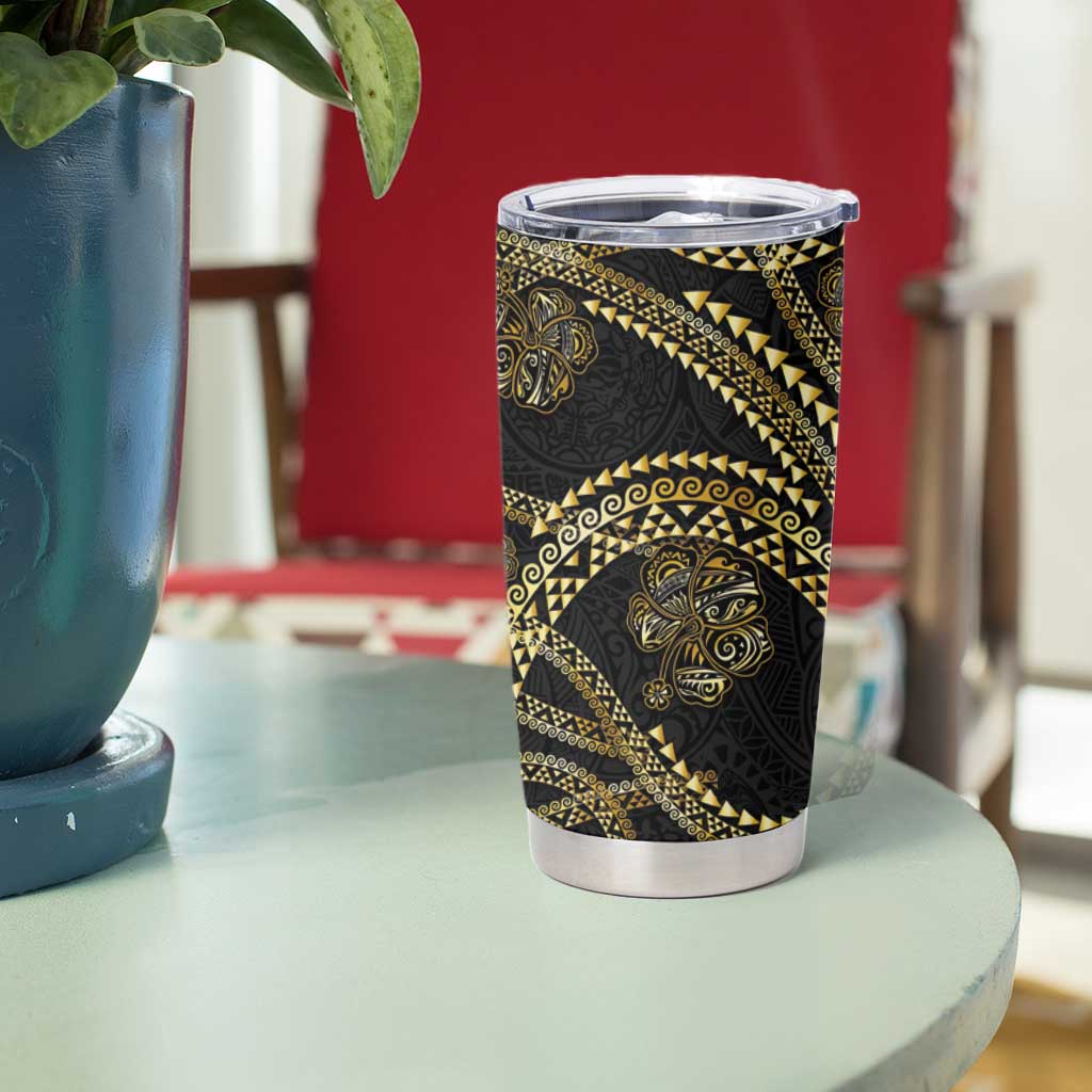 Hawaiian Kakau Art and Hisbiscus Tattoo Tumbler Cup Tribal Pattern-Gold Style - Polynesian Pride