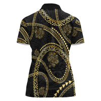 Hawaiian Kakau Art and Hisbiscus Tattoo Women Polo Shirt Tribal Pattern-Gold Style - Polynesian Pride