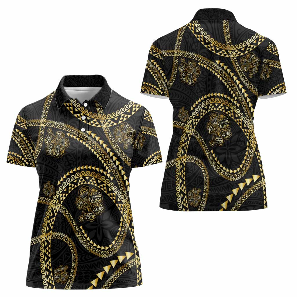 Hawaiian Kakau Art and Hisbiscus Tattoo Women Polo Shirt Tribal Pattern-Gold Style - Polynesian Pride