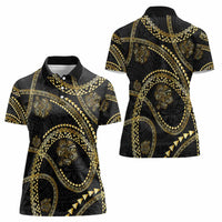Hawaiian Kakau Art and Hisbiscus Tattoo Women Polo Shirt Tribal Pattern-Gold Style - Polynesian Pride