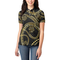 Hawaiian Kakau Art and Hisbiscus Tattoo Women Polo Shirt Tribal Pattern-Gold Style - Polynesian Pride