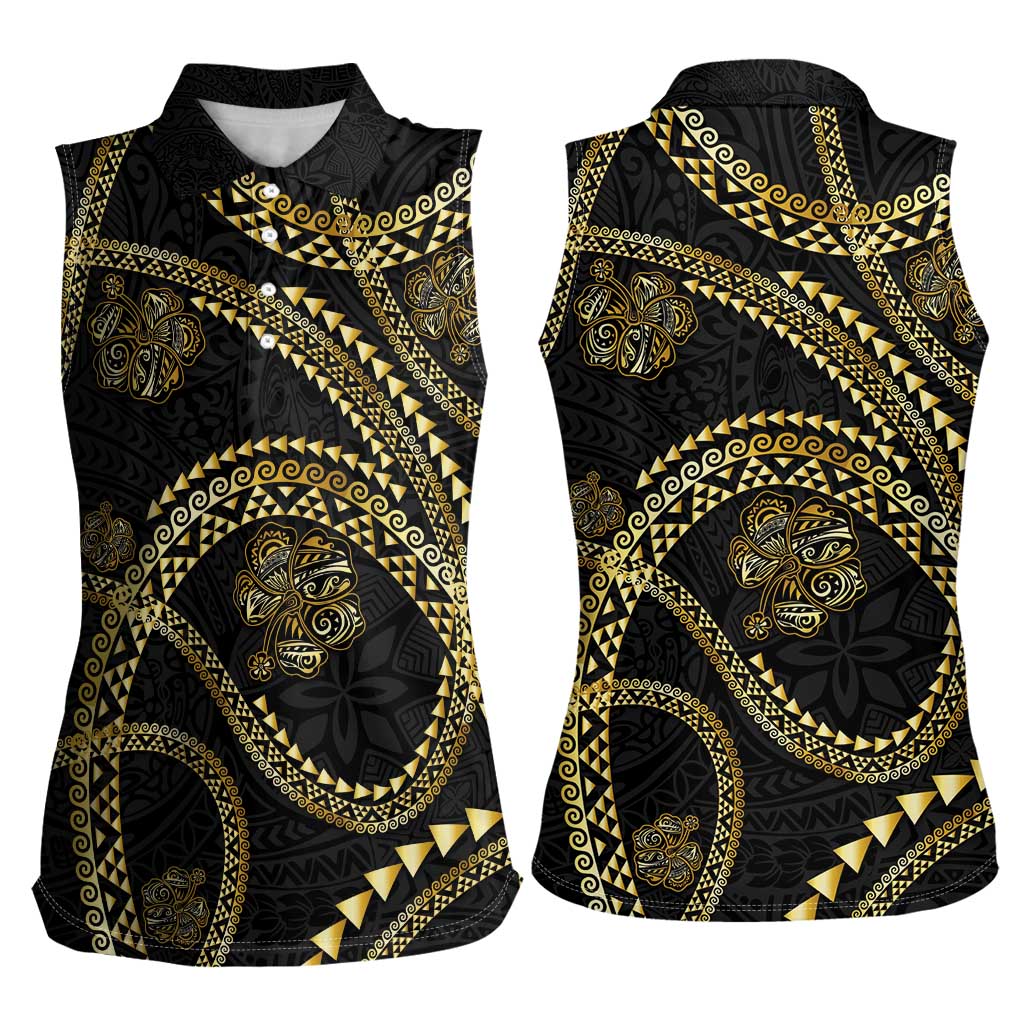 Hawaiian Kakau Art and Hisbiscus Tattoo Women Sleeveless Polo Shirt Tribal Pattern-Gold Style - Polynesian Pride