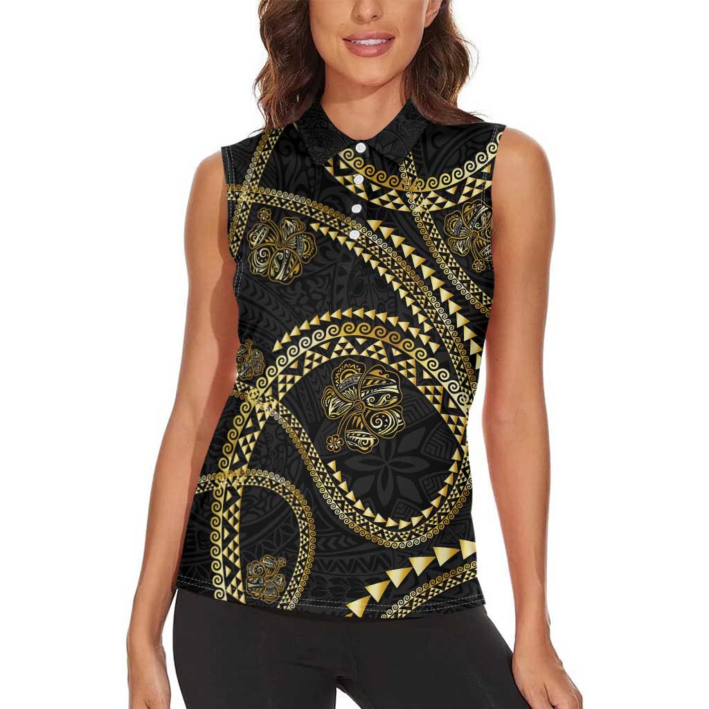 Hawaiian Kakau Art and Hisbiscus Tattoo Women Sleeveless Polo Shirt Tribal Pattern-Gold Style - Polynesian Pride