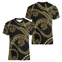 Hawaiian Kakau Art and Hisbiscus Tattoo Women V-Neck T-Shirt Tribal Pattern-Gold Style - Polynesian Pride