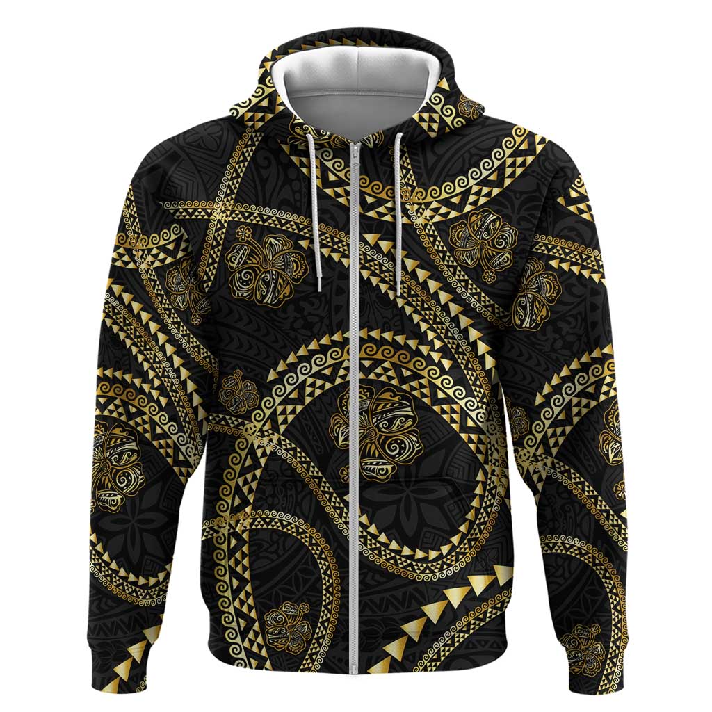 Hawaiian Kakau Art and Hisbiscus Tattoo Zip Hoodie Tribal Pattern-Gold Style - Polynesian Pride