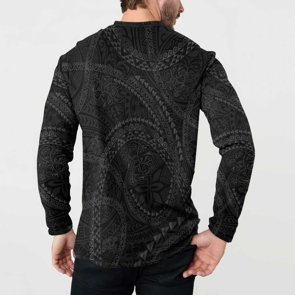 Hawaiian Kakau Art and Hisbiscus Tattoo Button Sweatshirt Tribal Pattern-Black Gradient Style - Polynesian Pride