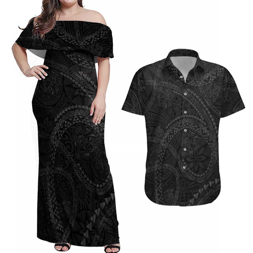 Hawaiian Kakau Art and Hisbiscus Tattoo Couples Matching Off Shoulder Maxi Dress and Hawaiian Shirt Tribal Pattern-Black Gradient Style - Polynesian Pride