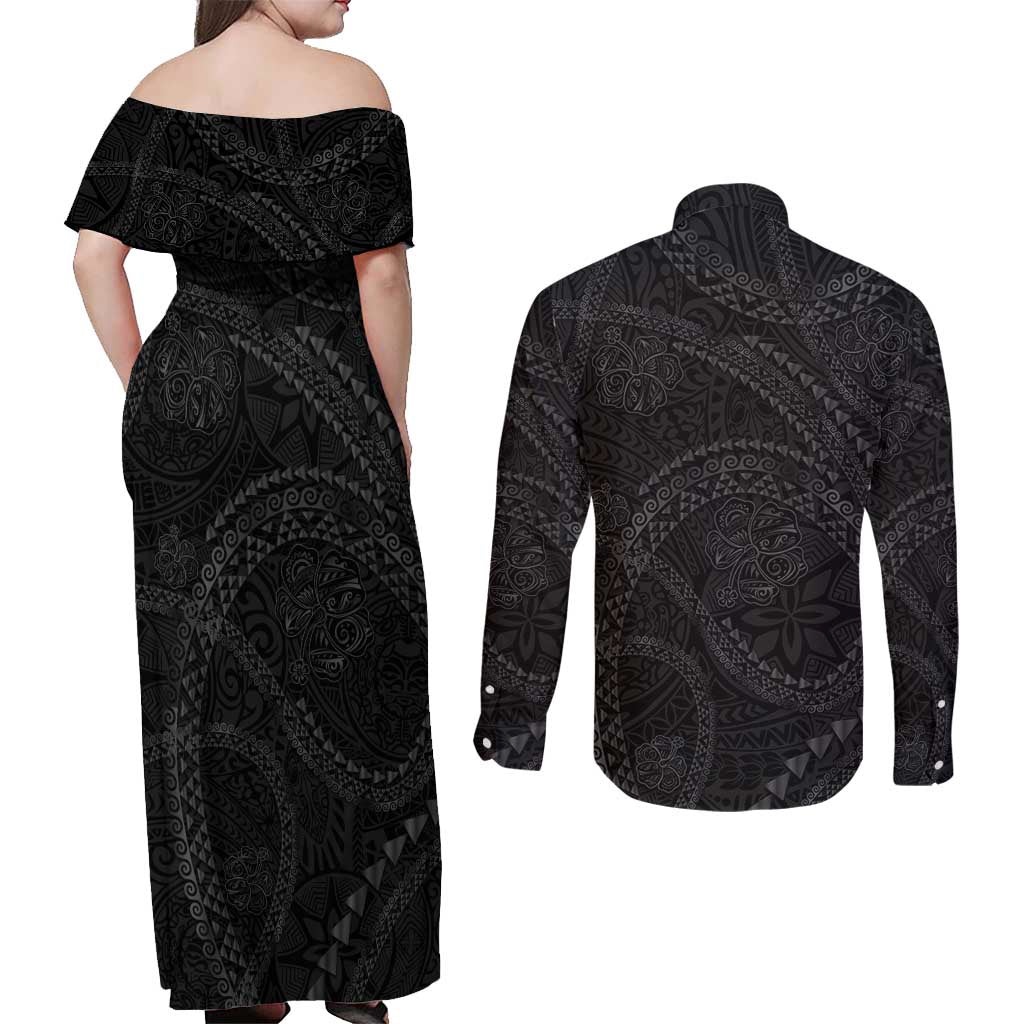 Hawaiian Kakau Art and Hisbiscus Tattoo Couples Matching Off Shoulder Maxi Dress and Long Sleeve Button Shirt Tribal Pattern-Black Gradient Style - Polynesian Pride