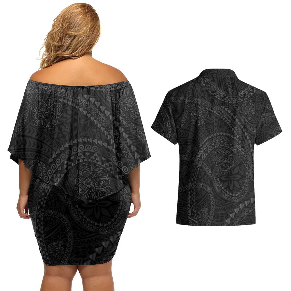 Hawaiian Kakau Art and Hisbiscus Tattoo Couples Matching Off Shoulder Short Dress and Hawaiian Shirt Tribal Pattern-Black Gradient Style - Polynesian Pride