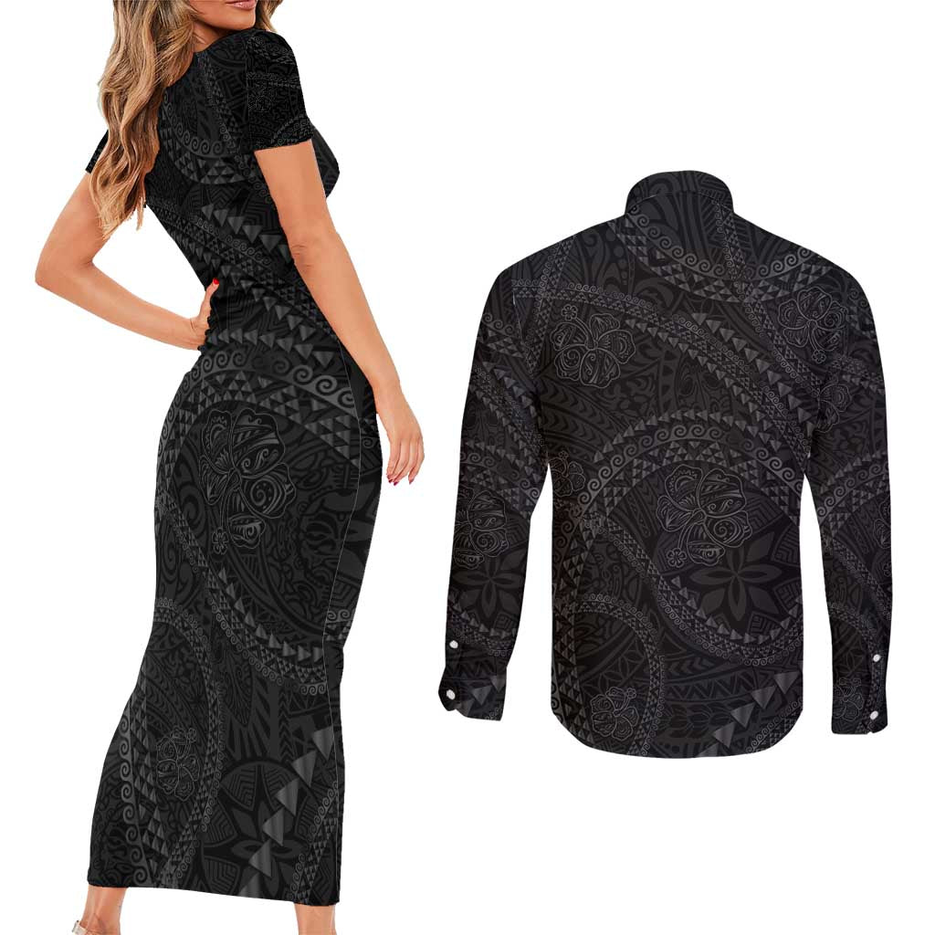 Hawaiian Kakau Art and Hisbiscus Tattoo Couples Matching Short Sleeve Bodycon Dress and Long Sleeve Button Shirt Tribal Pattern-Black Gradient Style - Polynesian Pride
