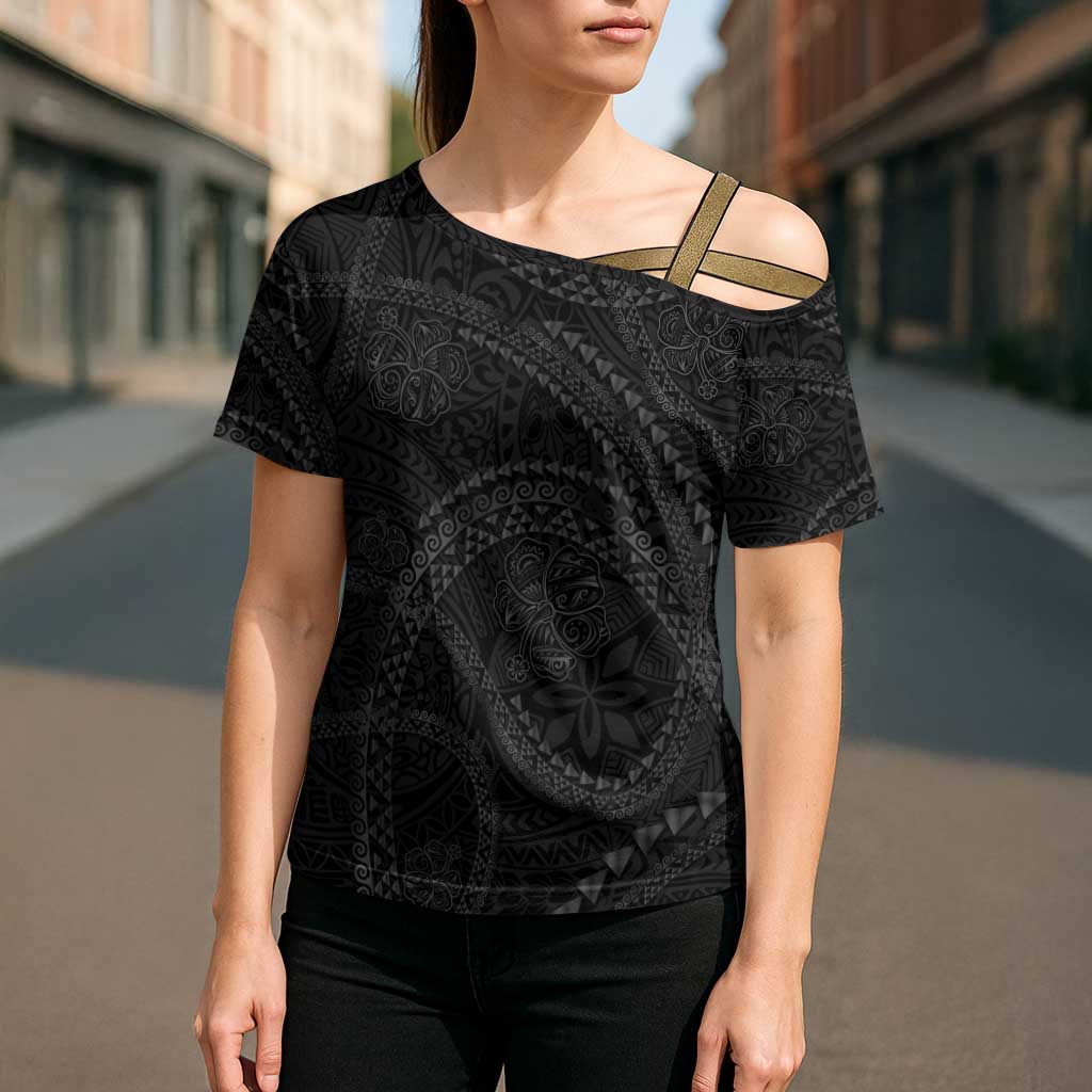 Hawaiian Kakau Art and Hisbiscus Tattoo Cross Shoulder Shirt Tribal Pattern-Black Gradient Style - Polynesian Pride