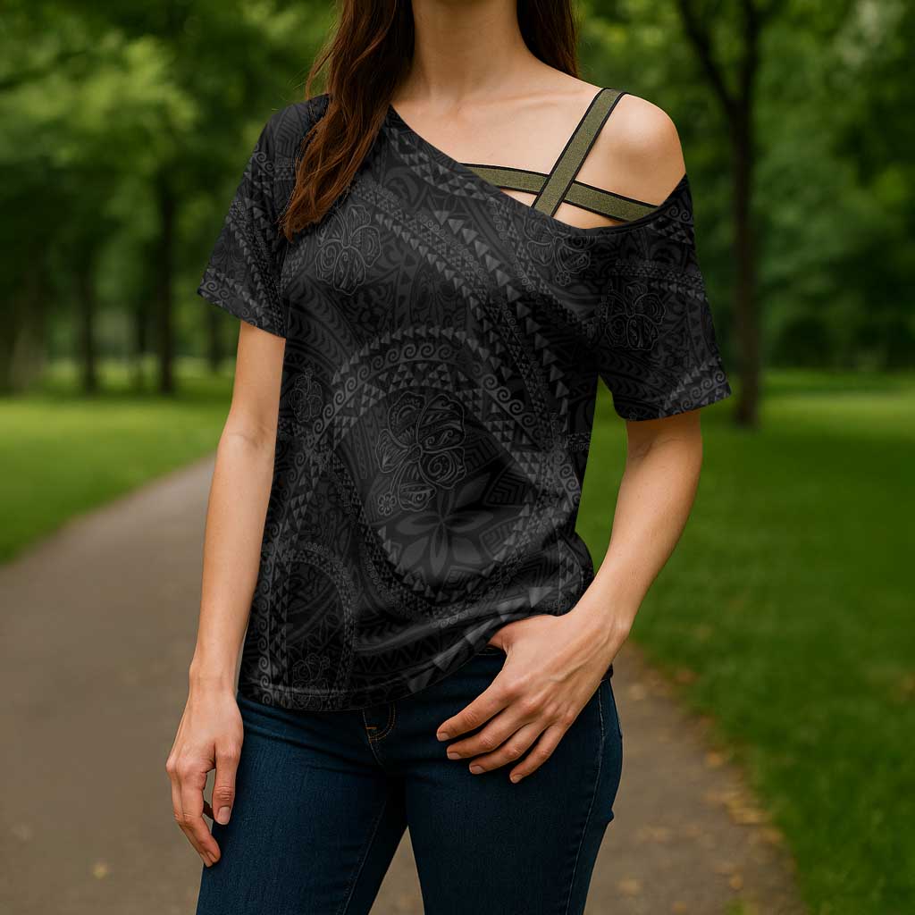 Hawaiian Kakau Art and Hisbiscus Tattoo Cross Shoulder Shirt Tribal Pattern-Black Gradient Style - Polynesian Pride