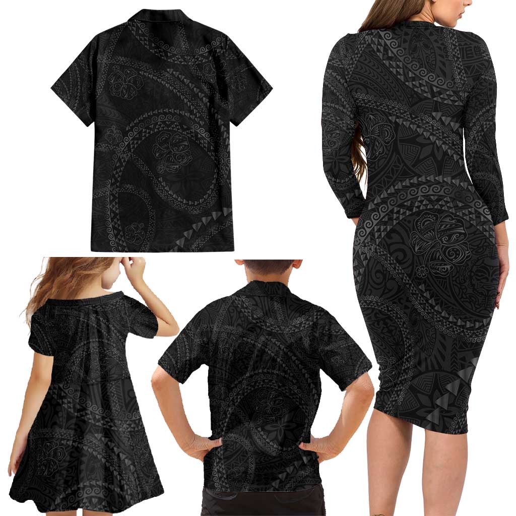 Hawaiian Kakau Art and Hisbiscus Tattoo Family Matching Long Sleeve Bodycon Dress and Hawaiian Shirt Tribal Pattern-Black Gradient Style - Polynesian Pride