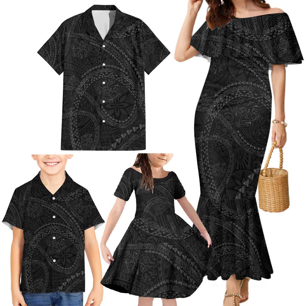 Hawaiian Kakau Art and Hisbiscus Tattoo Family Matching Mermaid Dress and Hawaiian Shirt Tribal Pattern-Black Gradient Style - Polynesian Pride