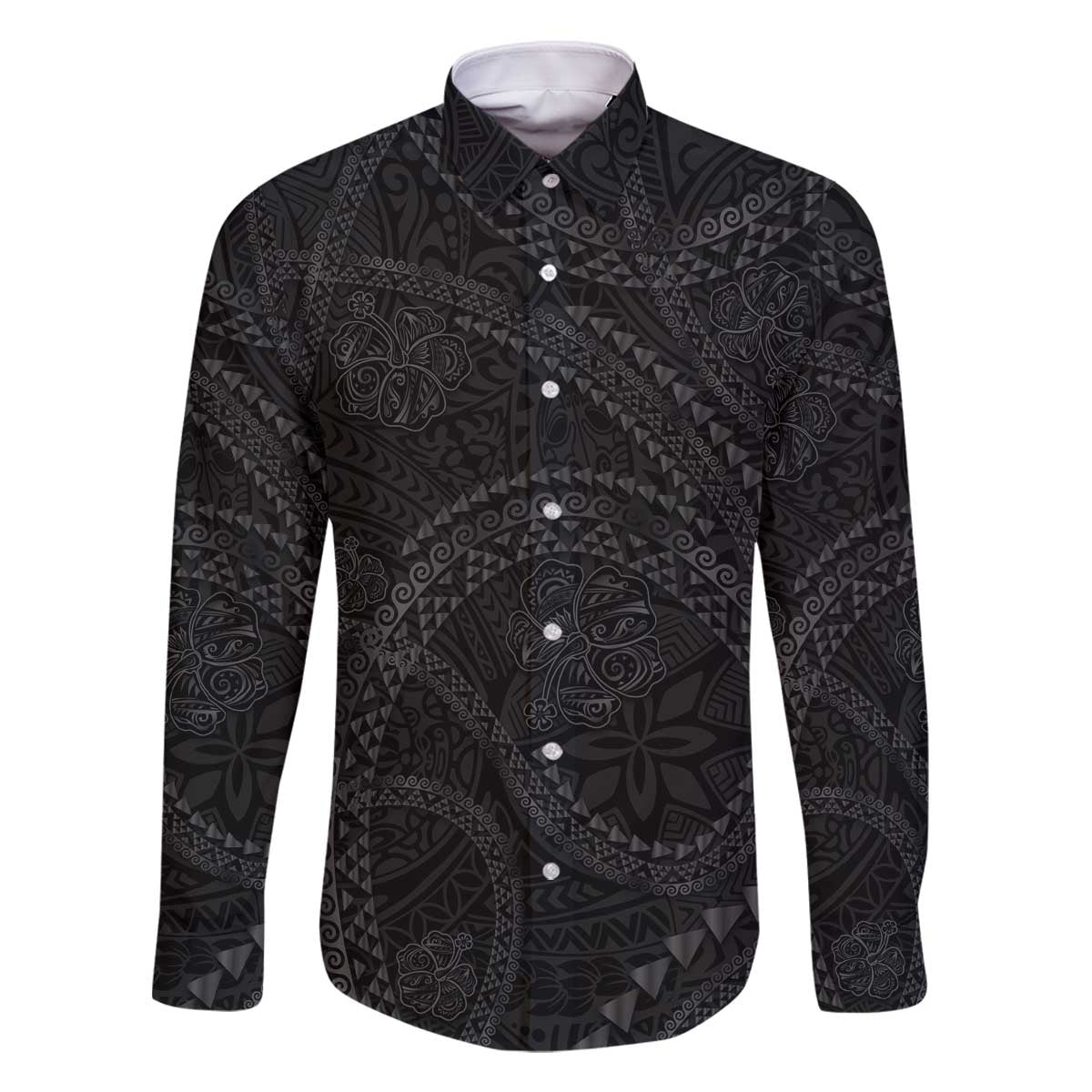 Hawaiian Kakau Art and Hisbiscus Tattoo Family Matching Off The Shoulder Long Sleeve Dress and Hawaiian Shirt Tribal Pattern-Black Gradient Style - Polynesian Pride