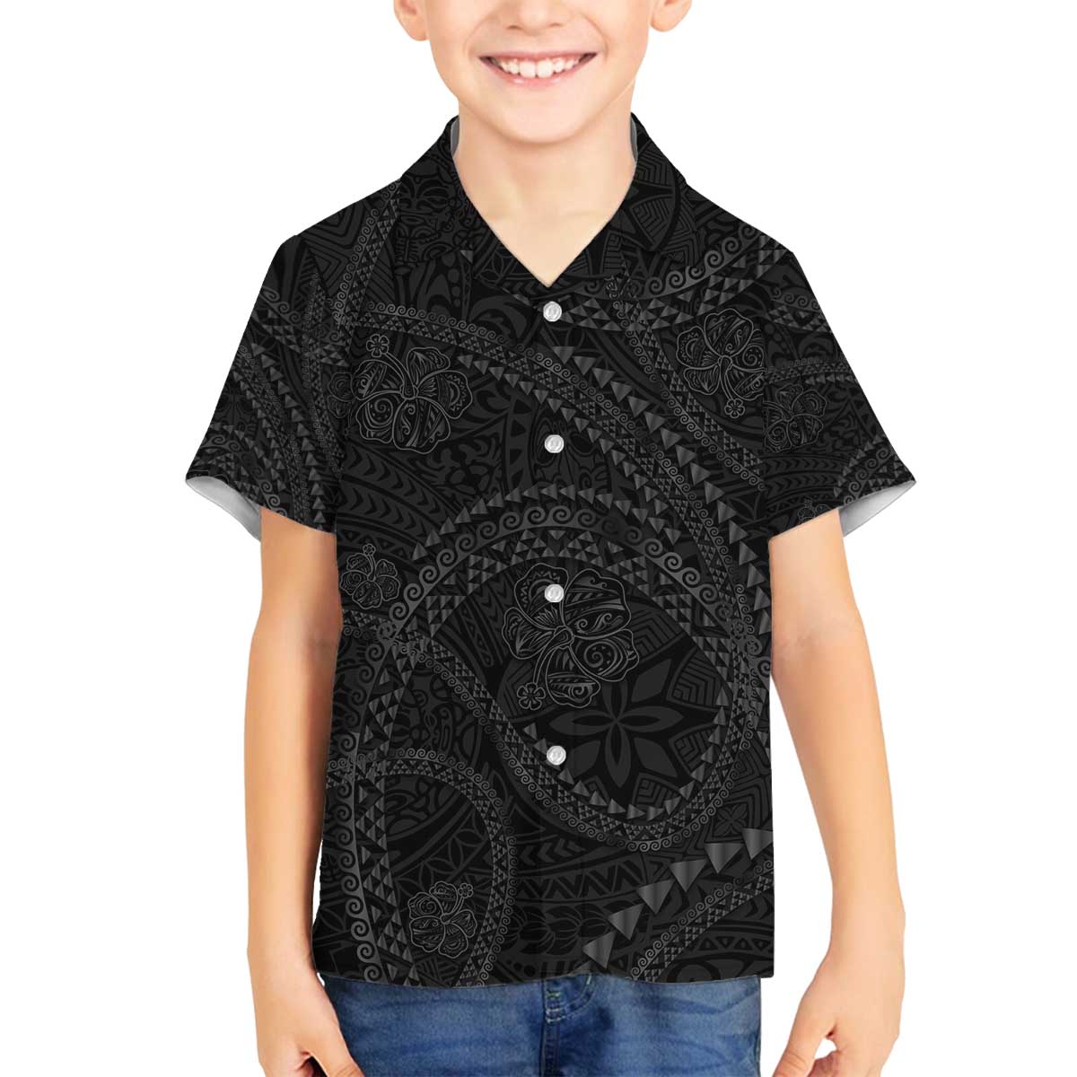 Hawaiian Kakau Art and Hisbiscus Tattoo Family Matching Off The Shoulder Long Sleeve Dress and Hawaiian Shirt Tribal Pattern-Black Gradient Style - Polynesian Pride