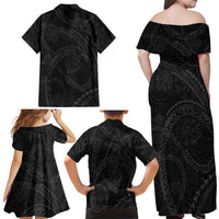 Hawaiian Kakau Art and Hisbiscus Tattoo Family Matching Off Shoulder Maxi Dress and Hawaiian Shirt Tribal Pattern-Black Gradient Style - Polynesian Pride