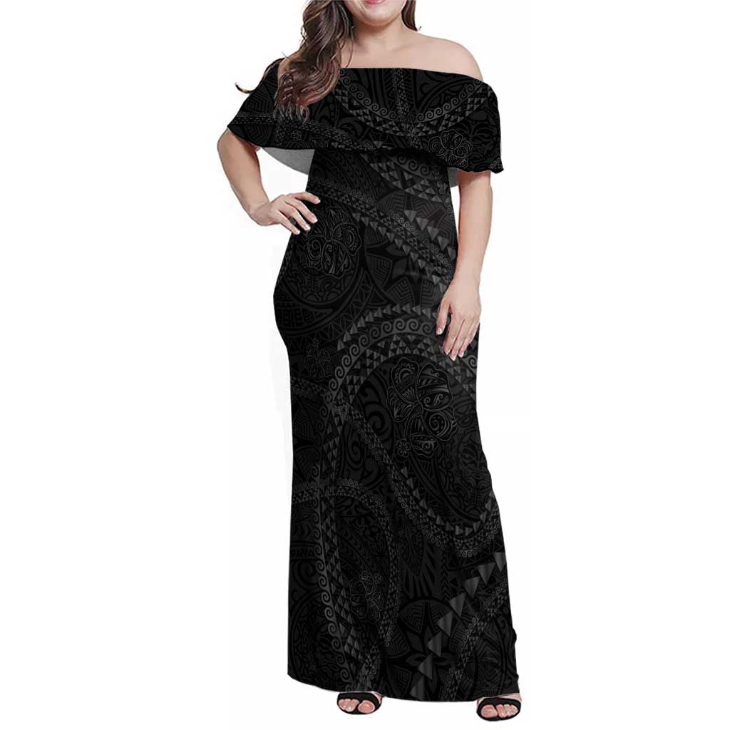 Hawaiian Kakau Art and Hisbiscus Tattoo Family Matching Off Shoulder Maxi Dress and Hawaiian Shirt Tribal Pattern-Black Gradient Style - Polynesian Pride