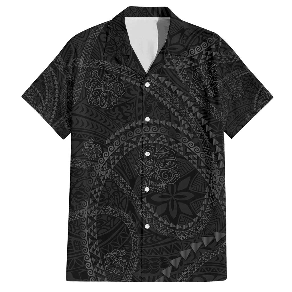 Hawaiian Kakau Art and Hisbiscus Tattoo Family Matching Off Shoulder Short Dress and Hawaiian Shirt Tribal Pattern-Black Gradient Style - Polynesian Pride