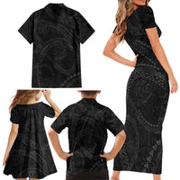 Hawaiian Kakau Art and Hisbiscus Tattoo Family Matching Short Sleeve Bodycon Dress and Hawaiian Shirt Tribal Pattern-Black Gradient Style - Polynesian Pride