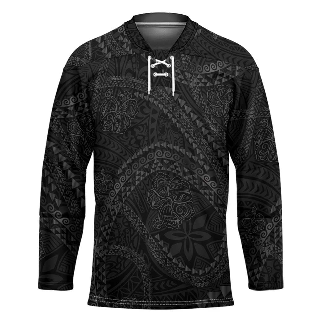 Hawaiian Kakau Art and Hisbiscus Tattoo Hockey Jersey Tribal Pattern-Black Gradient Style - Polynesian Pride