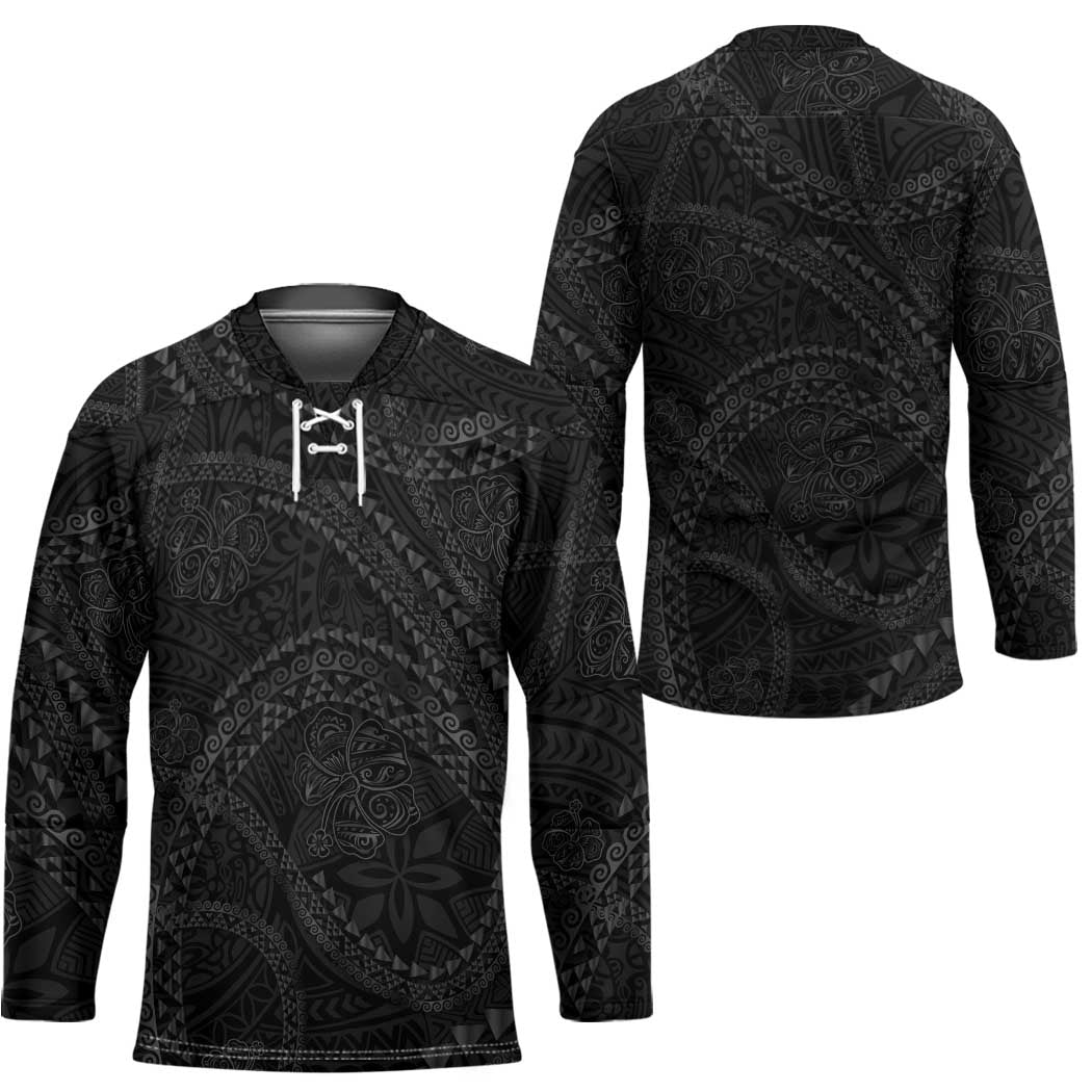 Hawaiian Kakau Art and Hisbiscus Tattoo Hockey Jersey Tribal Pattern-Black Gradient Style - Polynesian Pride